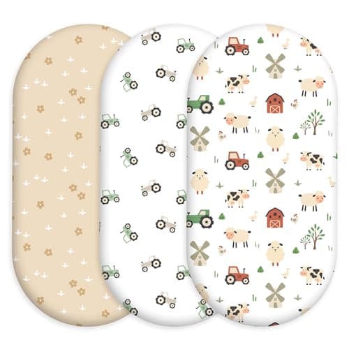 Civarua Kids Baby Bassinet Sheets, 3 Pack for Baby Boy and Girl, Soft Breathable 32" x 16", Bassinet Fitted Sheets for Rectangle Round Oval Hourglass Mattress (Farm Animals)