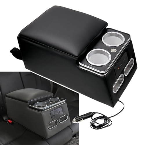 Sporacingrts Black Universal Truck Seat/Bench Organizer with LED Light, USB Port, Cup Holders, Armrest, Padded Top Lid - Ideal for Business Upgrade Center Console Organizerand