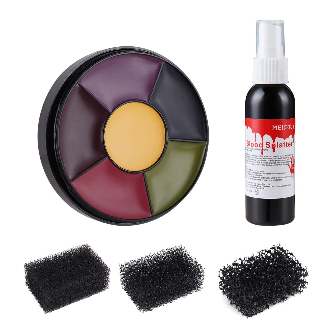 MEICOLY 6 Color Bruise Wheel for Special Effects 21oz Fake Blood Spray Blood Splatter Theatrical Halloween Liquid Blood for Clothes Face Body Paint with 3pcs Stipple Sponges