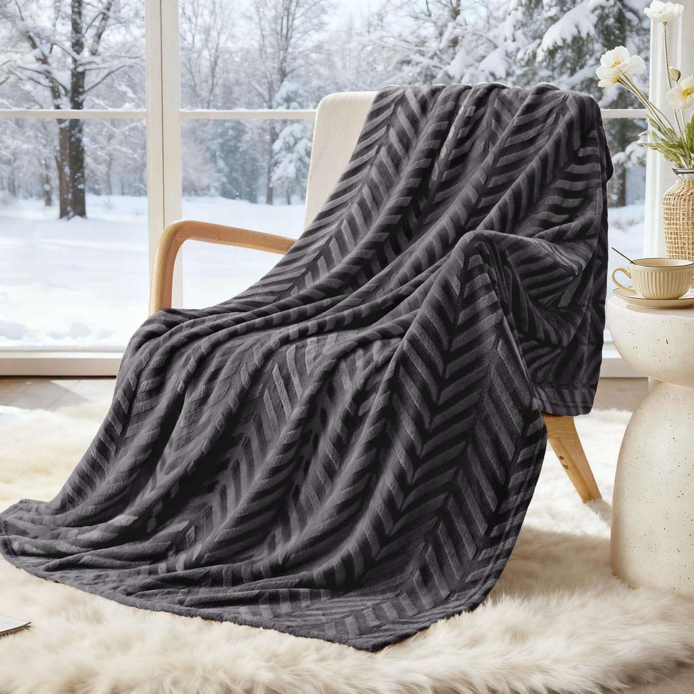 Whale Flotilla Flannel Fleece Throw Blanket for Couch Sofa Bed Lightweight Breathable Soft Throws Plush Fluffy Chevron Design Decorative Blankets for All Season 50x60 Inch Dark Grey