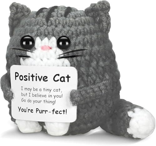 AHANKERE Positive Crochet Cat Animal Emotional Support Crochet Cat Handmade Crochet Animals Lover Gifts for Women MenHandmade Funny Mini Birthday Cute Cat Decor Mom Grandma Daughter Son FriendsGrey