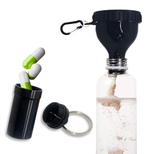 Protein Powder Container to Go Funnel with Aluminium Alloy Mini Pocket Pill Box and Carabiner Clip Supplement Funnel with Cap for Water Bottle Pre Workout Gym Mini Travel Funnels Shaker Cup