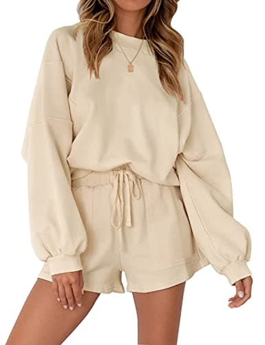 MEROKEETY Women's 2025 Fall Oversized Batwing Sleeve Lounge Sets Casual Top and Shorts 2 Piece Outfits Sweatsuit Apricot