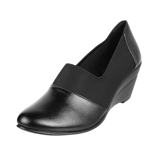 Metro Women's Black Faux Leather Fashion Wedge Heel Pumps | Business Professional Closed Toe Slip-On Footwear | Lighweight | P.U. Sole | Office Business Professional Stylish Wear | UK 5