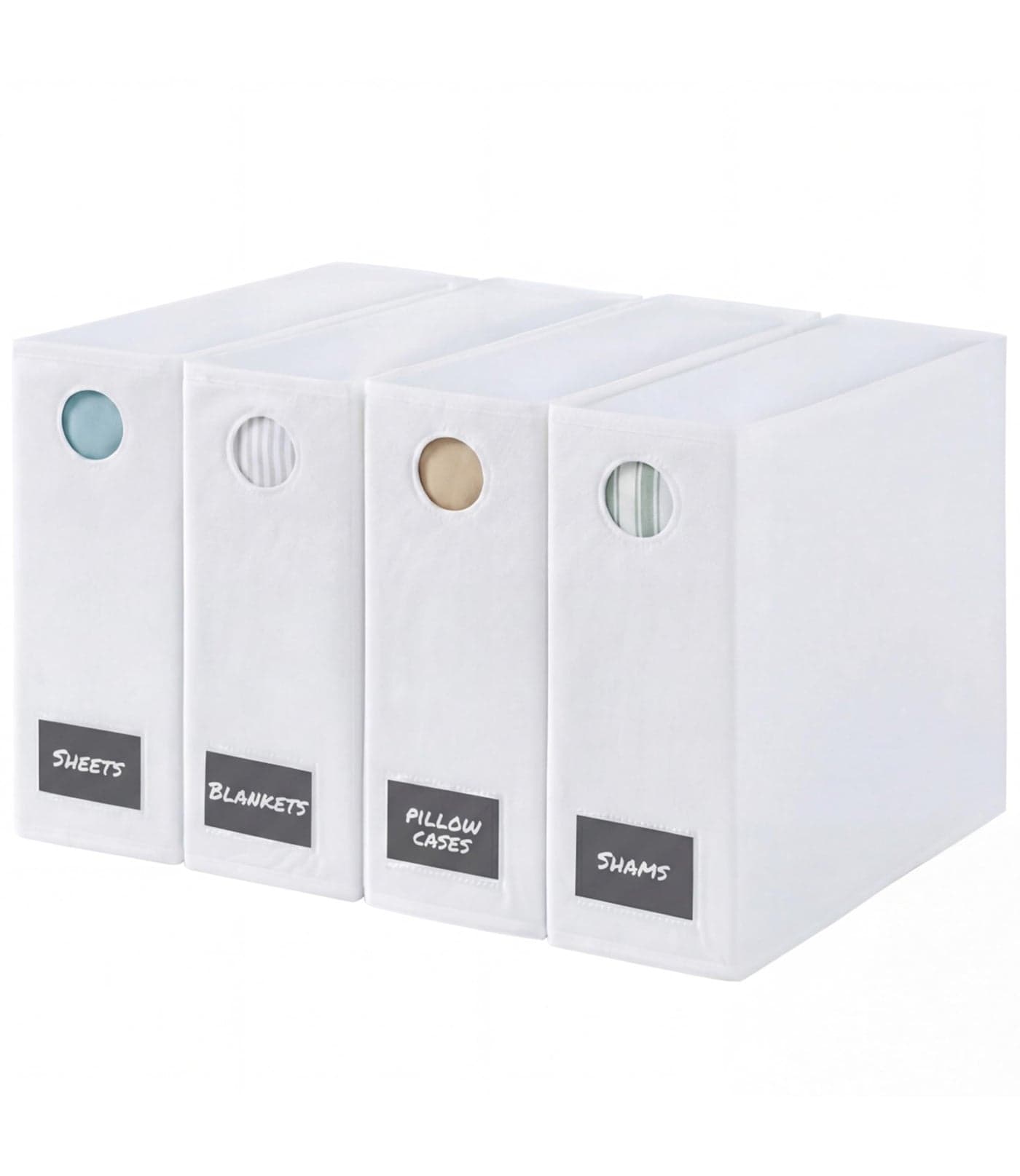 4 Pack Sheet Organizers - Foldable Storage Sheets Set Organizer for Linen Closet - King & Queen Size - Folder Keeper with Window XL - Blanket, Duvet & Pillowcases Dustproof Bedding Container - White
