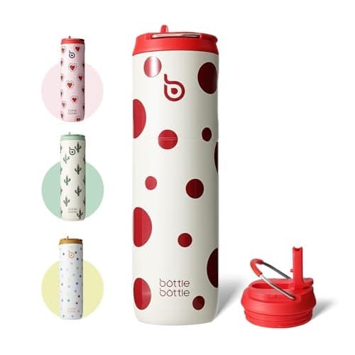 BOTTLE BOTTLE Insulated Water Bottle 24oz with Straw Lid and Handle for Sports Travel Gym Stainless Steel Water Bottles Double-Wall Vacuum Metal Leak Proof BPA-Free (Polka Pop)
