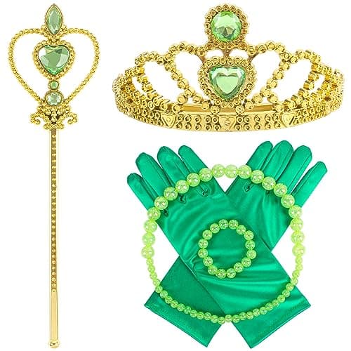Princess Dress Up Accessories Gold Crown and Wand Set with Girls Jewelry Necklace Gloves Bracelet Princess Costume Accessories Set for Little Girls Party Birthday and Halloween(Green,Set of 5)