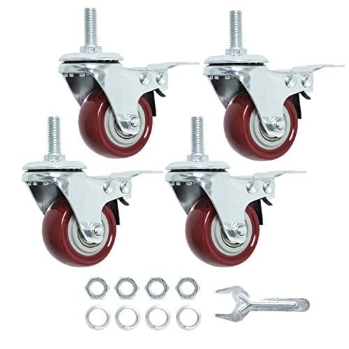 Finnhomy Swivel Caster Wheels 2 Inch Heavy Duty Threaded Stem Casters 5/16"- 18 x 1 with Brake Set of 4 Premium Polyurethane Wheels PU Load Bearing 800 Lbs Anti-wear Smooth Casters, Red