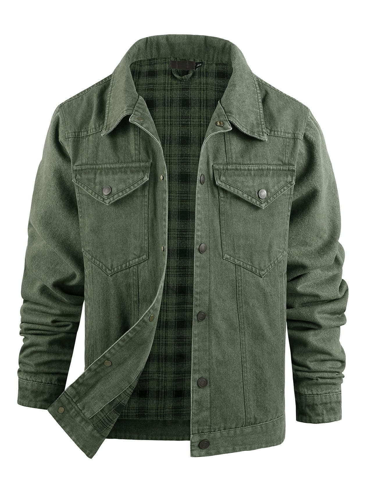 Flygo Mens Flannel Lined Denim Jacket Snap Cowboy Cut Western Classic Slim Fit Vintage Heavy Duty Jacket Trucker CoatGreenXL