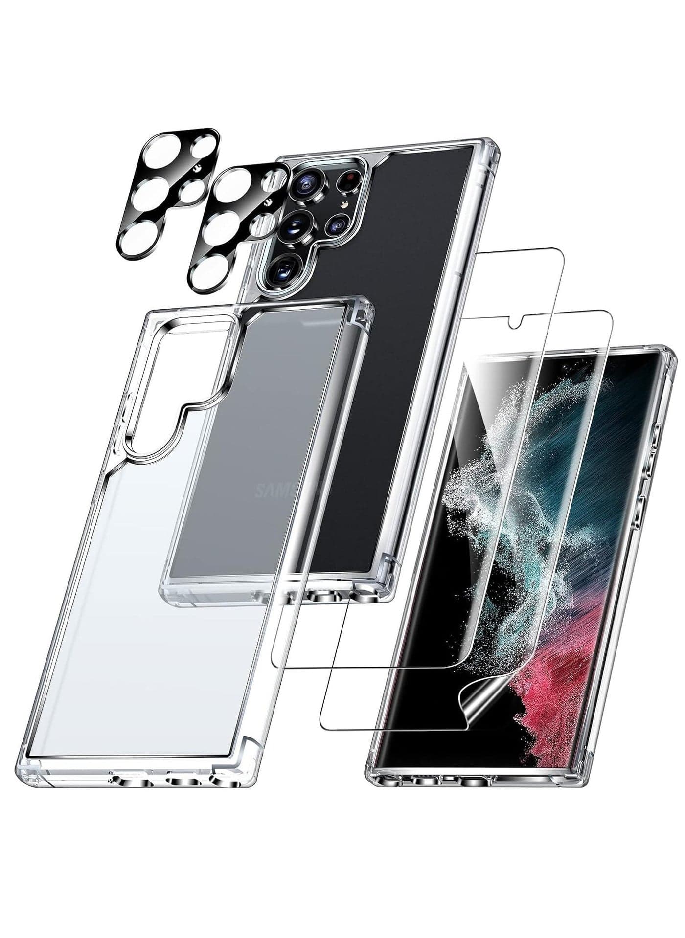 5-in-1 Protection Kit for Samsung S23 5G – Matte-Finish Clear Case with 2 Camera Lens Protectors & 2 Soft Screen Protectors, Shockproof & Anti-Scratch
