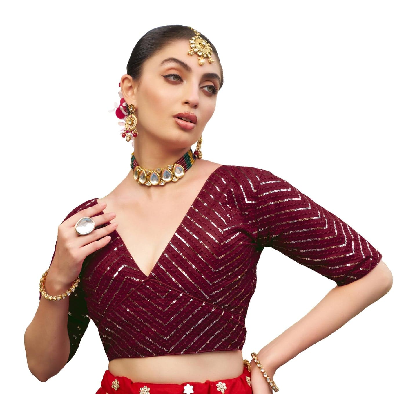Pujia Mills Womens Fancy Readymade Half Sleeve Sequins Saree Blouse (Maroon, 32)