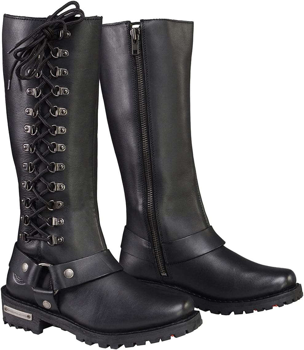 Milwaukee Leather MBL9365 Ladies Black 14 Inch Classic Harness Square Toe Leather Tall Boots with Lacing