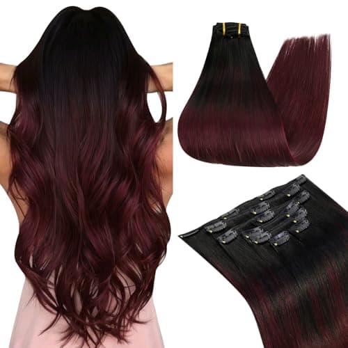 Ugeat Ombre Clip in Hair Extensions, Hair Extensions Clip ins 20 Inch 7pcs 120g, Real Hair Clip in Extensions, Natural Black Ombre Dark Red
