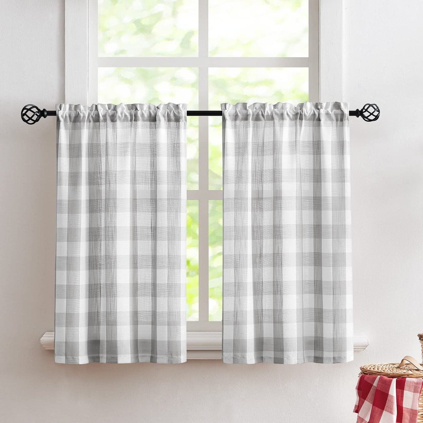 Treatmentex WhiteGrey Plaid Kitchen Curtains Tiers 36 inch Long Half Window Caf Curtains Semi Sheer Tier Curtain Set 27x36 2 Panels