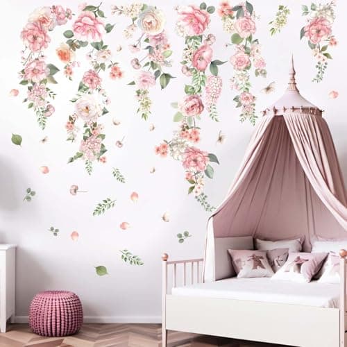 Flower Wall Stickers for Girsl Room Peel and Stick Large Pink Wildflower Hanging Peony Rose Floral Wall Stickers Baby Nursery Girl Bedroom Living Room Home Art Wall Decor