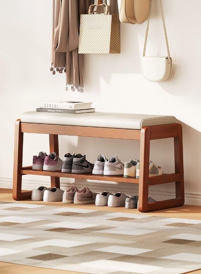 2-Tier Solid Wood Shoe Bench with Cushion, Narrow Entryway Shoe Storage Organizer, Slim Design for Hallway, Living Room & Small Spaces, Sturdy Shoe Rack with Seat for Entryway,80cm Walnut