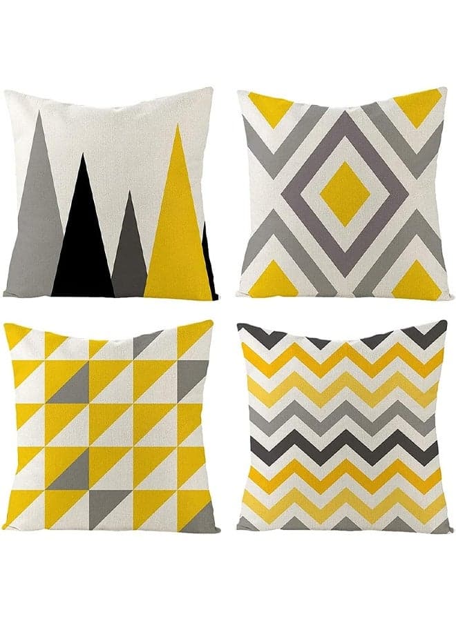 4Pcs Throw Pillow Covers, Decorative Geometric Yellow Grey, Modern Pattern Cotton Polyester Square Pillow Cushion Case for Sofa Bed Home Decor,18 x 18 Inches
