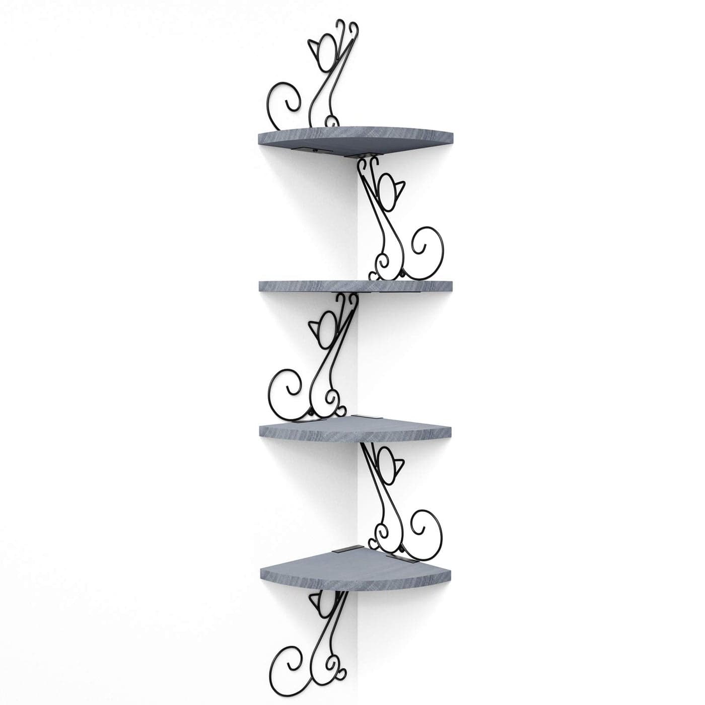 Alsonerbay Corner Shelf Wall Mount of 4 Tier Corner Shelves Rustic Wood Floating Shelf Cat Shape Metal Corner Stand for Bedroom Living Room Bathroom Kitchen Office and More Grey