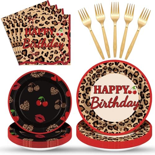 Cogniplay 96Pcs Cheetah Print Party Supplies Set Leopard Birthday Plates and Napkins Red Black Cherry Theme Disposable Tableware for Girls Women Birthday Wedding Coquette Party Decorations