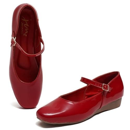 JM LOOKS Women’s Mary Jane Flats Shoes | Classic Buckle Strap Comfortable Dress Shoes - Red