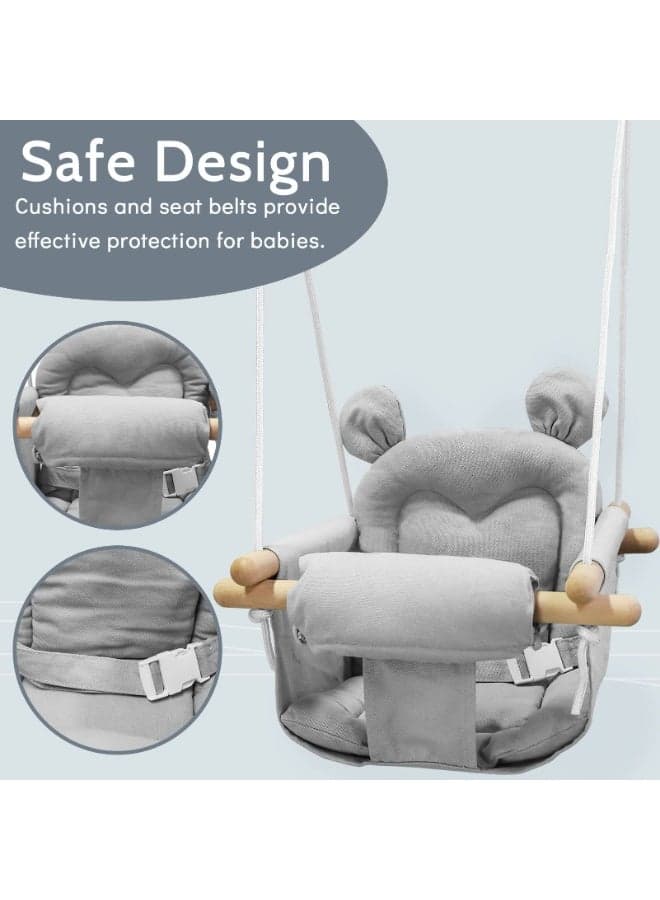 Canvas Baby Swing with Wooden Seat - Indoor/Outdoor Hanging Toddler Swing for Tree & Backyard, Safe Infant Hammock (26×25cm Seat, Height Adjustable 130-160cm Rope, Grey)