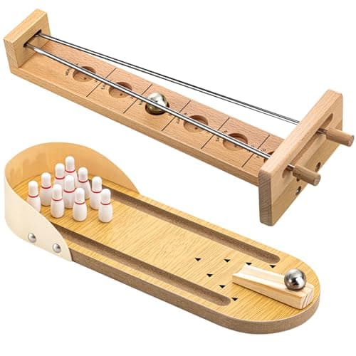 Deekin 2 Set Desktop Shoot the Moon Game Table Top Mini Bowling Game Set Classic Steel Ball Wooden Tabletop Games Wooden Board Mini Arcade Table Games Bowling Set Gag Gifts for Adult Teen Office Desk