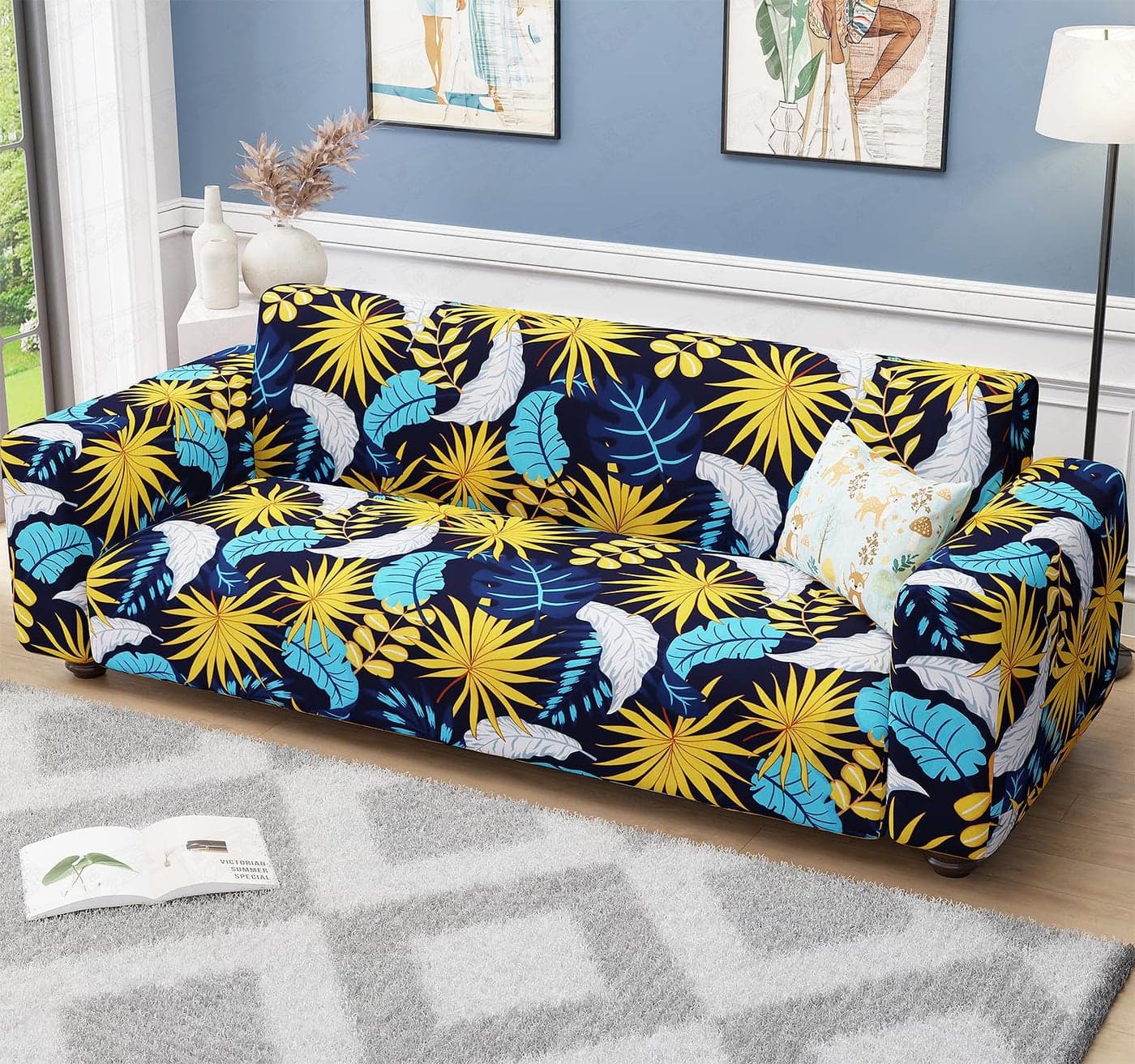 Lukzer 3 Seater Yellow Flower Universal Sofa Cover | 360° Fully Covered Anti-Slip Washable Couch Cover Protector | 140 GSM Stretch Fit Polyester + Spandex Slipcover (180-230cm/SC-018-03)