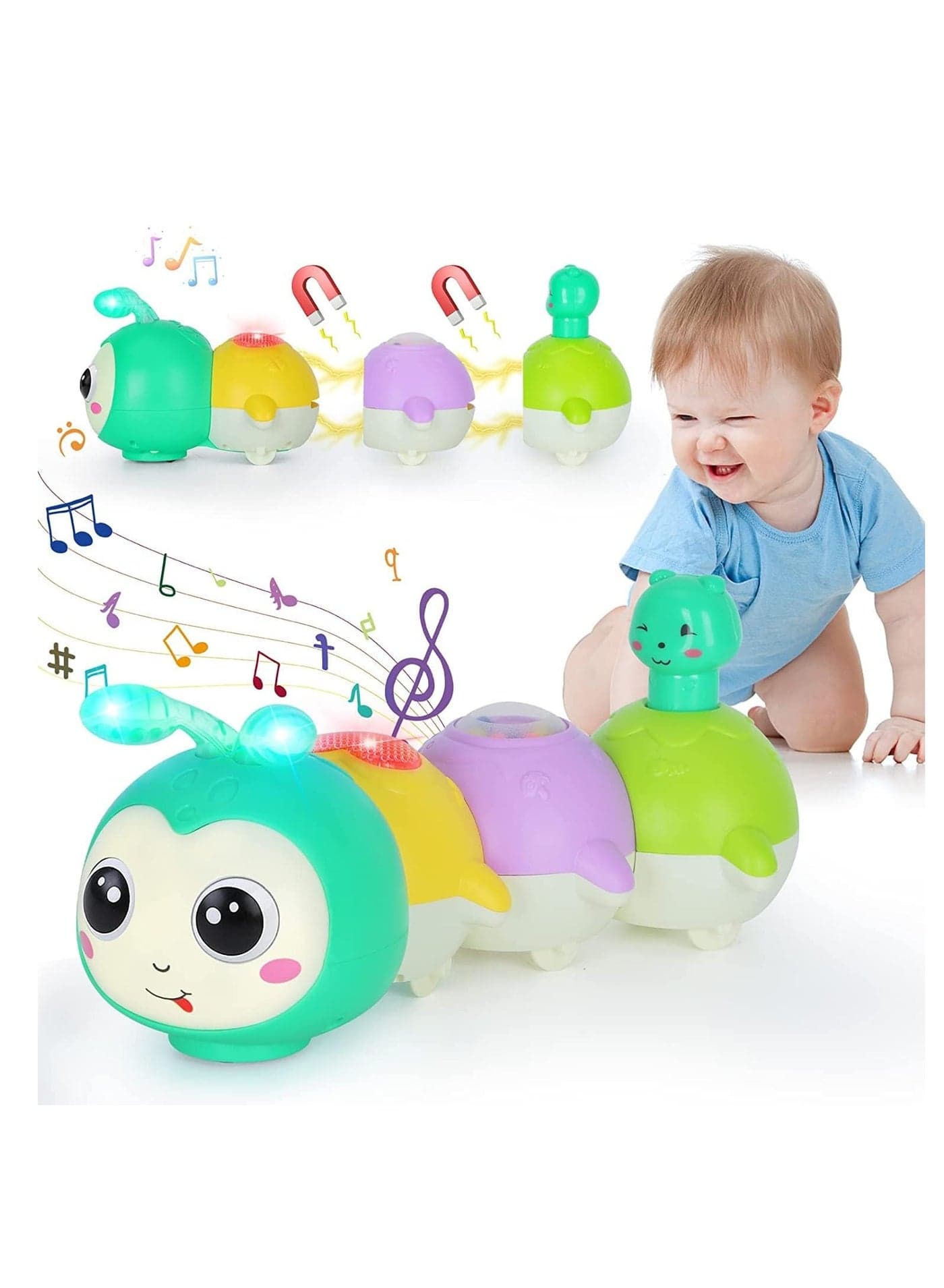 Baby Toys 0-6 Months, Crawling Caterpillar Tummy Time Toy with Magnetic Suction Music Light up, Sensory Learning Infant Toy for 6-12 Month Newborn Toddler 1 Year Old Girl Boy Baby Gifts