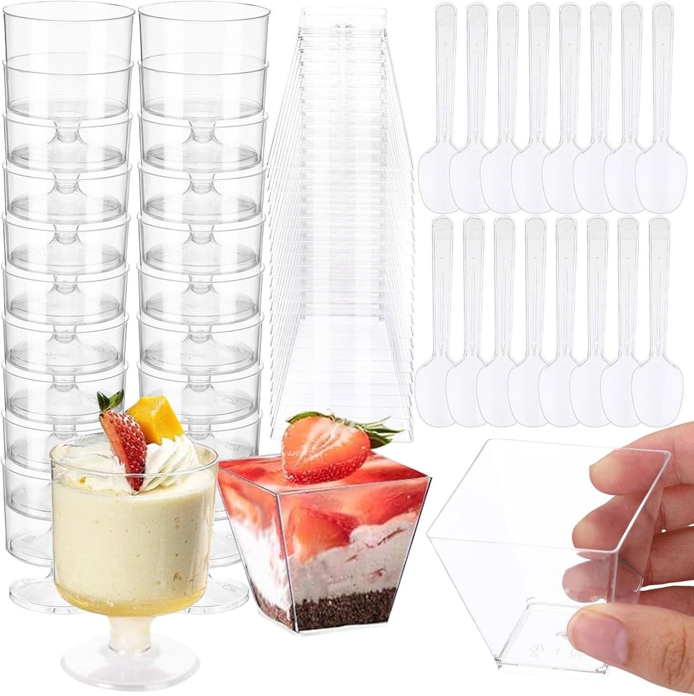 100 Pack Dessert Cups with Spoons 2oz Clear Plastic Dessert Parfait Cup Mini Square Shot Glasses Round Goblet Shooters Plastic Spoons for Fruit Ice Cream Cake Party SuppliesClear
