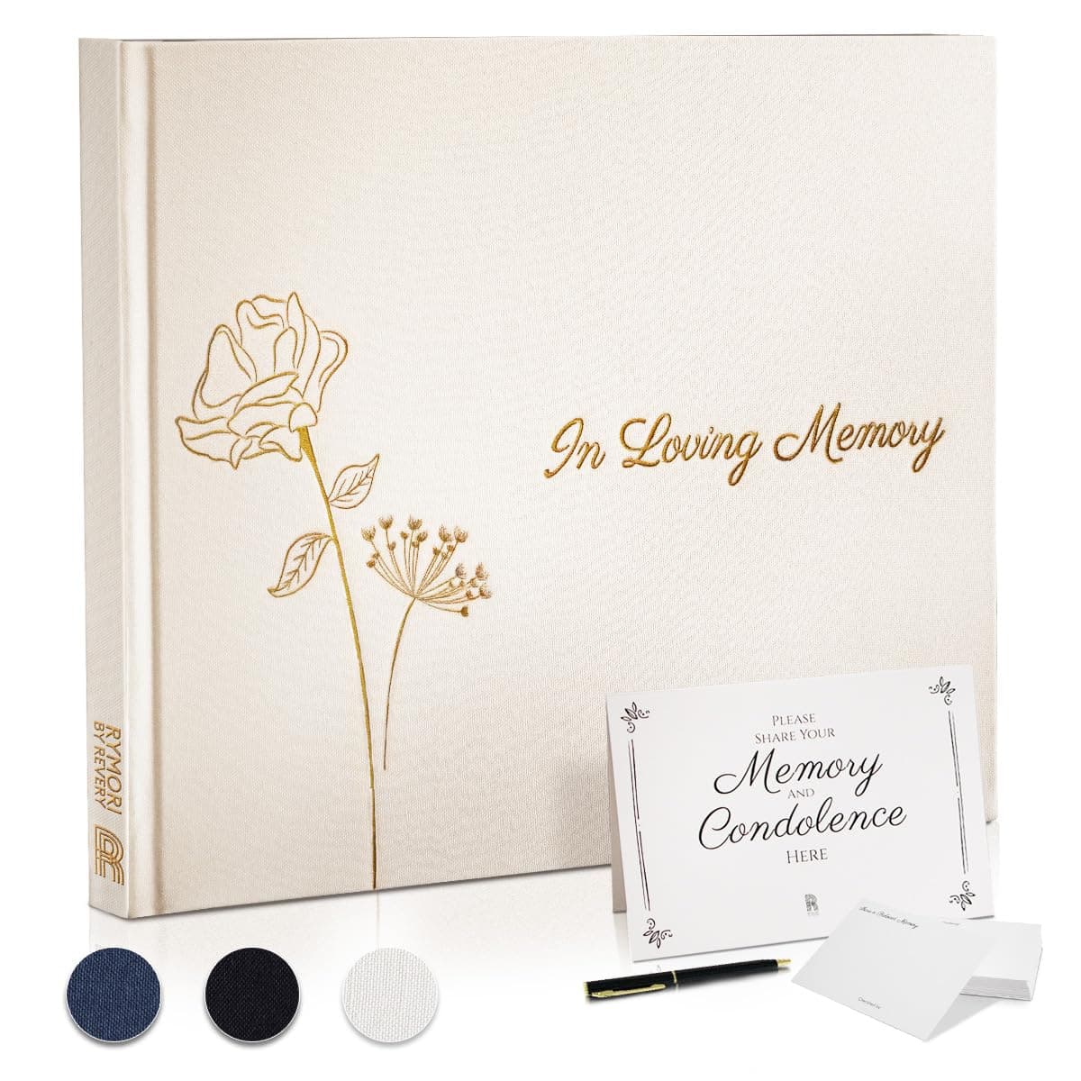 Revery Funeral Guest Book for Memorial Service with Pen Cards Table Sign Back Pocket Guests Sign in Book in Loving Memory Celebration of Life Memorial Service Guest Book White Linen Cover