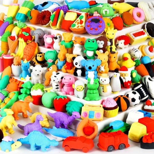 URSKYTOUS 110Pcs Animal Erasers Kids Desk Pets Pencil Erasers 3D Puzzle Eraser Bulk Mini Animal Food Toys Fun Cute Eraser for Classroom Rewards Game Prizes Treasure Box Easter Egg Fillers
