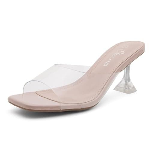 Shoe Land Clear Heels for Women | Kitten Heeled Slides with Square Open Toe | Low Transparent Mules Slip-On Dressy Clear Sandals for Prom, Party & Formal Events, ClearNude, Size 7.5, Celebrate