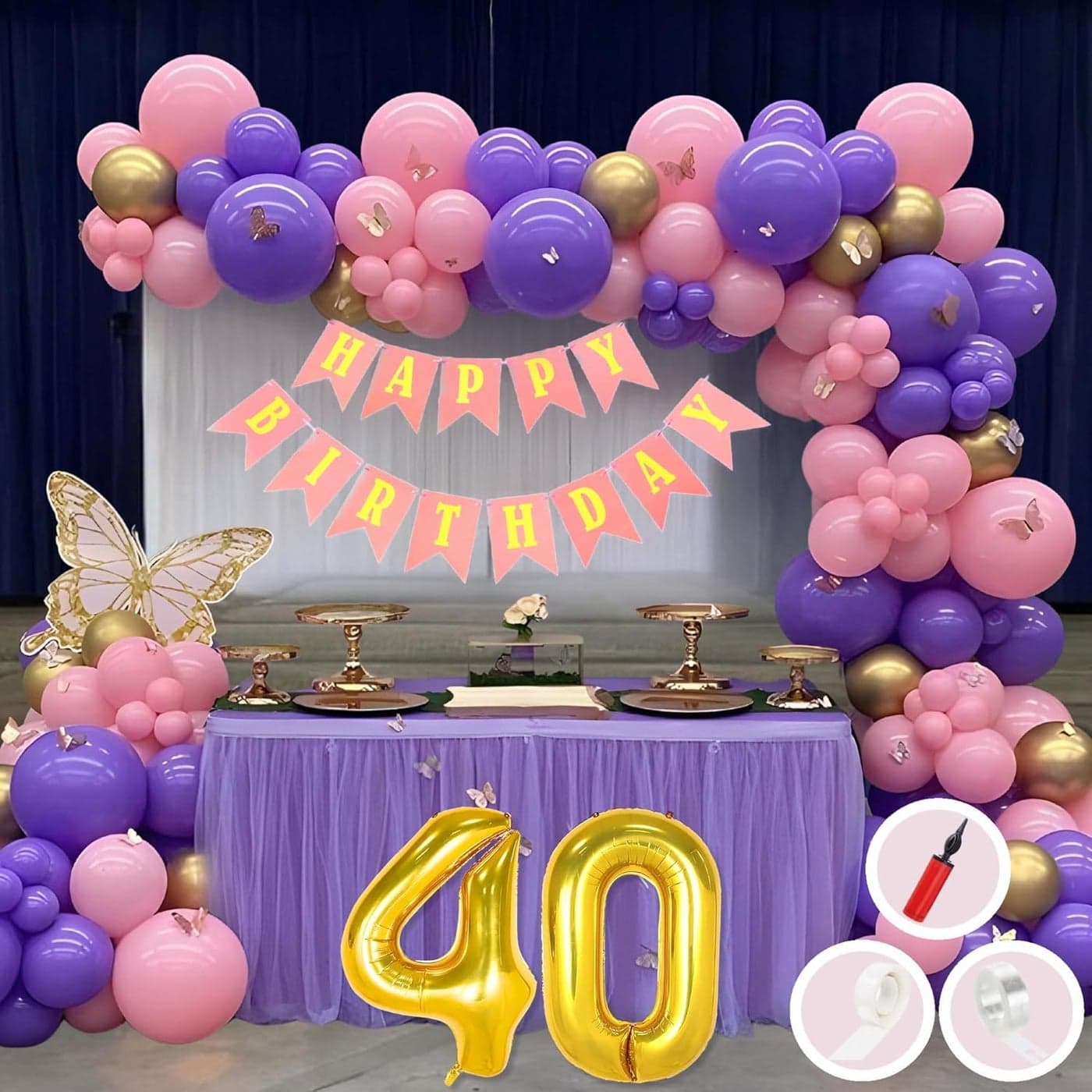 Mystic Toy Store 40th Birthday Decoration Items for Pink and Purple Theme Combination for Girls Princes 50 Pcs Pink Purple Gold Balloon Pink Birthday Banner Balloon Pump Arch Tape Glue Dots