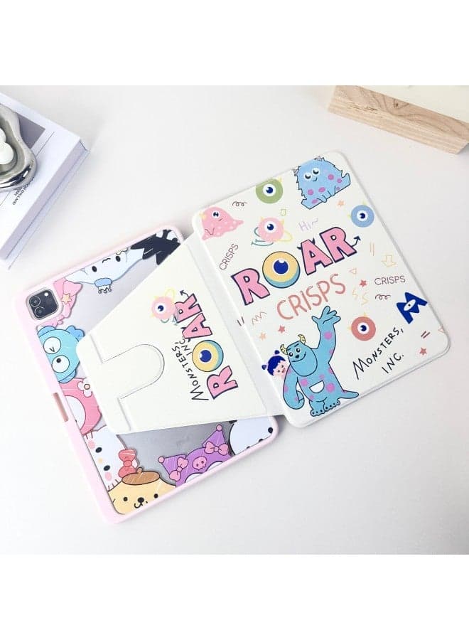 Cartoon Flat Cover Uses Apple Ipadair7 Protective Case 11 Generation Rotating 10.2 Inch Mini With Pen Slot-Color:【cute Monster-pink】 720°Rotating Anti-bending Acrylic-Applicable Models:Ipadair4/air5【 10.9inch 】