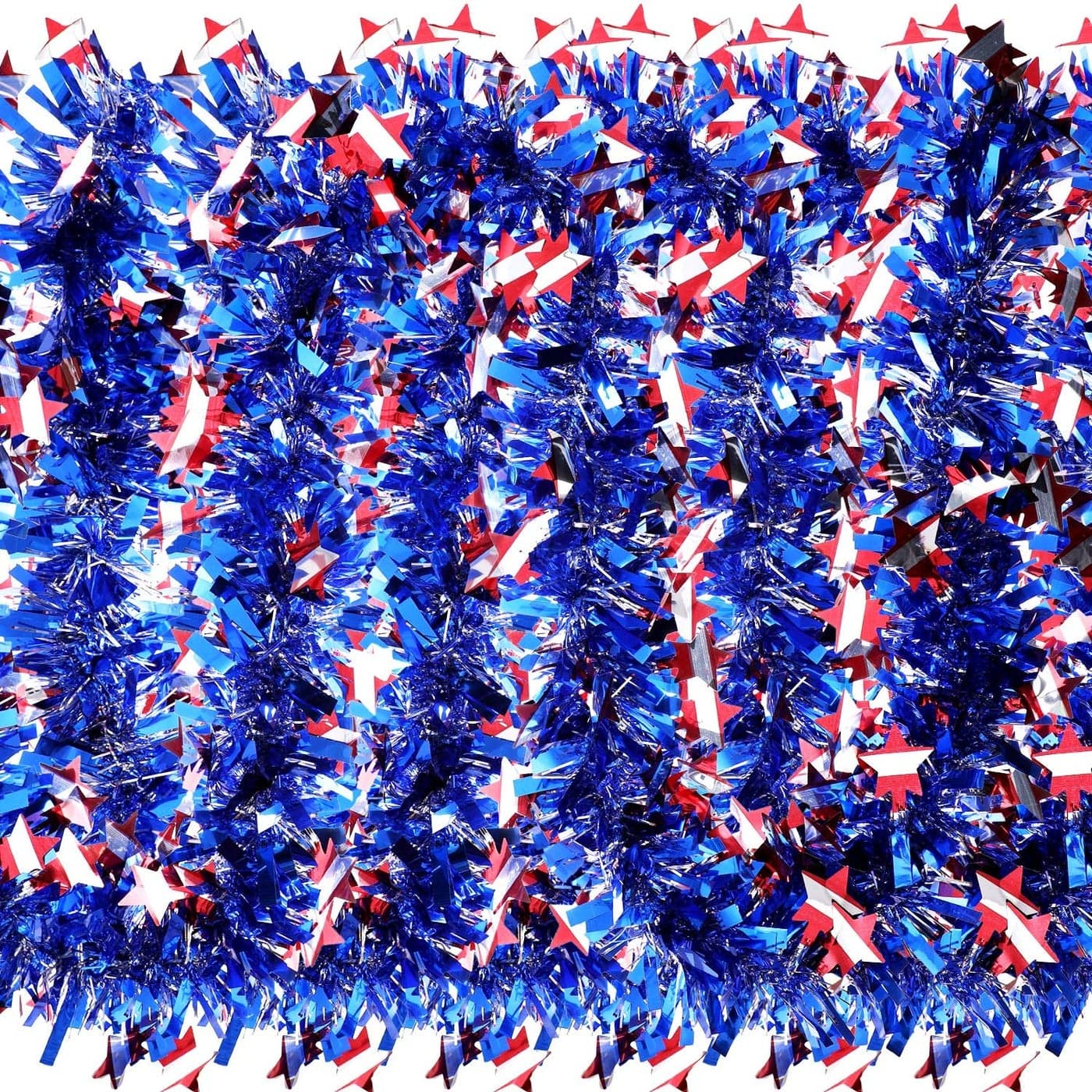 WILLBOND 4th of July Decoration Red White Blue Tinsel Garland Patriotic Metallic Chunky Glitter Tinsel for Memorial Day Independence Day Celebration Holiday Decorations1 Piece100 Feet