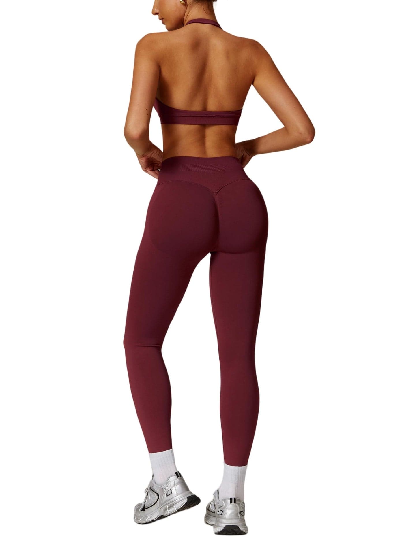 ABOCIW Workout Sets for Women Seamless High Waist Scrunch Butt Lifting Gym Leggings Yoga Pants Halter Sports Bra Yoga Exercise 2 Piece Outfits Burgendy Red Small