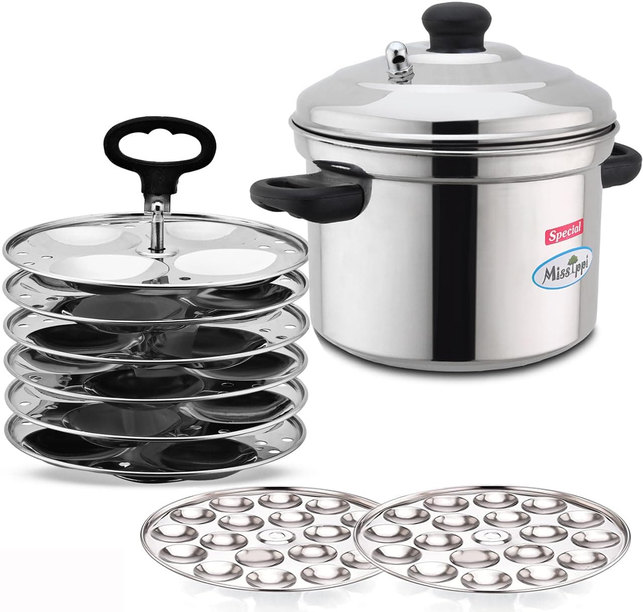 Missippi 24 Cavity 6 Plate Idli Cooker 24 Idli Maker Stainless Steel Idli Maker 24 Cavity Stainless Steel Idly Pot 6 Plate 24 Idli and 2 extra Mini Idli plate 6 ICM Lifter 2 Mini