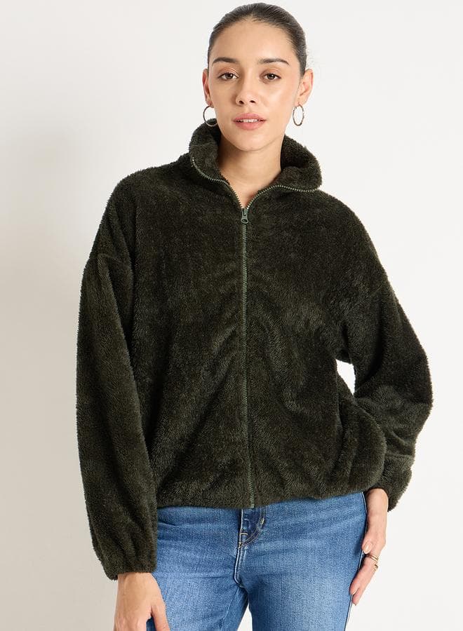 Olive Fuzzy Fleece Zip-Up Jacket