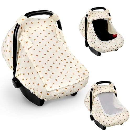 Hooyax Muslin Car Seat Cover Baby Summer Car Seat Covers for Babies Infants and Newborns Ultra Soft Breathable Universal Fit Stroller Carseat Canopy Covers for Boys Girls Heart