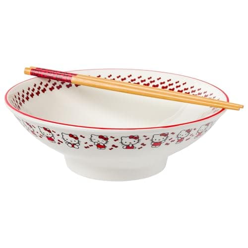 Silver Buffalo Hello Kitty Red Stripes and Bows Ceramic Ramen Noodle Rice Bowl with Chopsticks, Microwave Safe, 30 Ounces