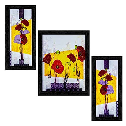 Indianara Set of 3 Multicolored Flowers in a Pot Framed Art Painting (1062BK) without glass 6 X 13, 10.2 X 13, 6 X 13 INCH