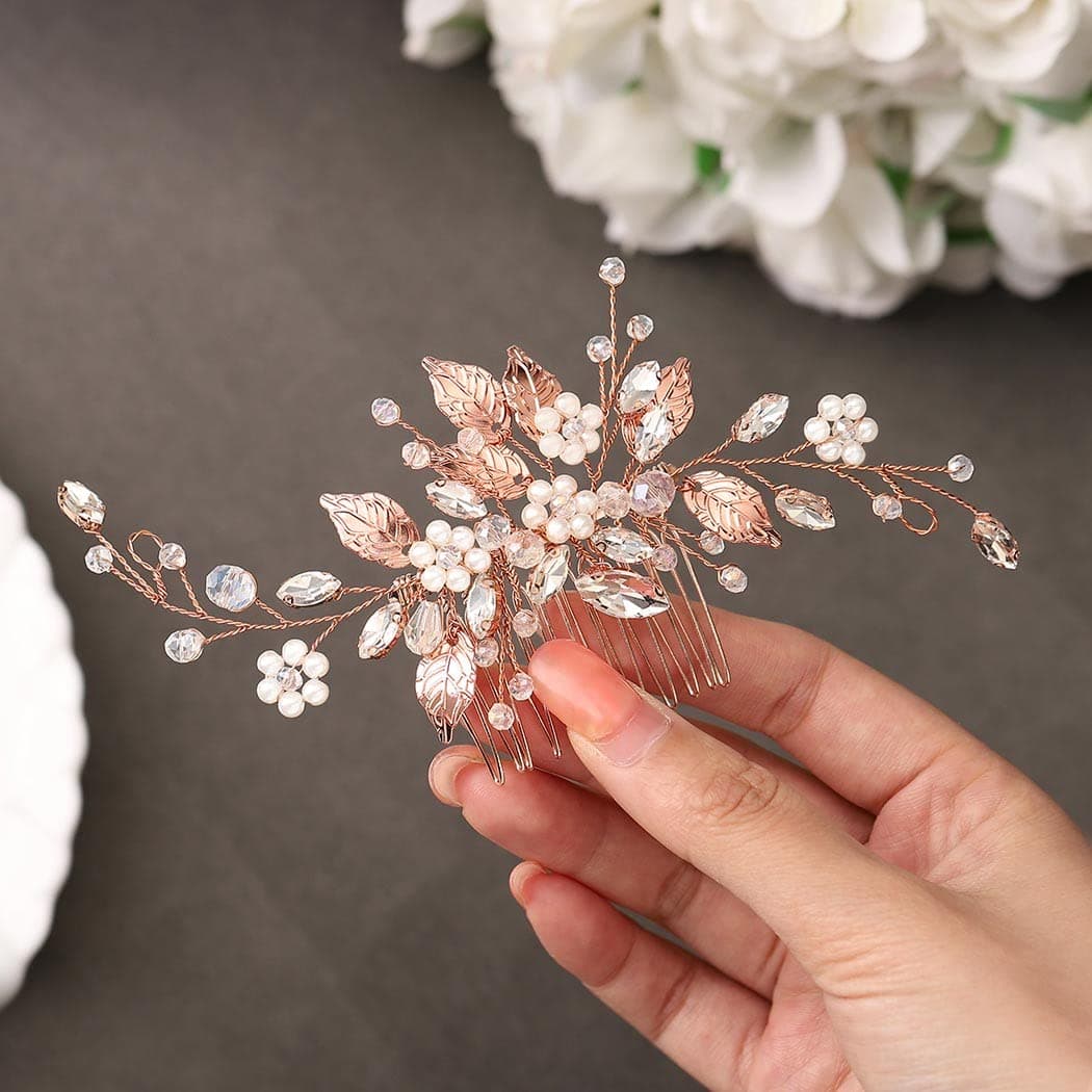 Gorais Leaf Bride Wedding Hair Comb Pearl Bridal Hair Piece Crystal Side Comb Hair Accessories for Women and Girls CRose Gold