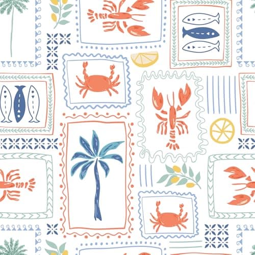 VaryFloral Lobster Crab Fish Wallpaper Peel and Stick Coastal Summer Vacation Wallpaper for Kitchen Hand Drawn Palm Tree Geometric Frame Contact Paper for Cabinet Aquatic Animal Wall Paper 17.7"x157"