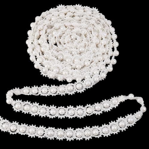 PH PandaHall 4 Yards Pearls Lace Ribbon 78 inch White Pearl Fringe Applique Pearl Lace Trim Fringe Trim Fabric Gimp Braid Trim Ribbon for Costume Curtain DIY Crafts Jewelry Wedding Party Decor
