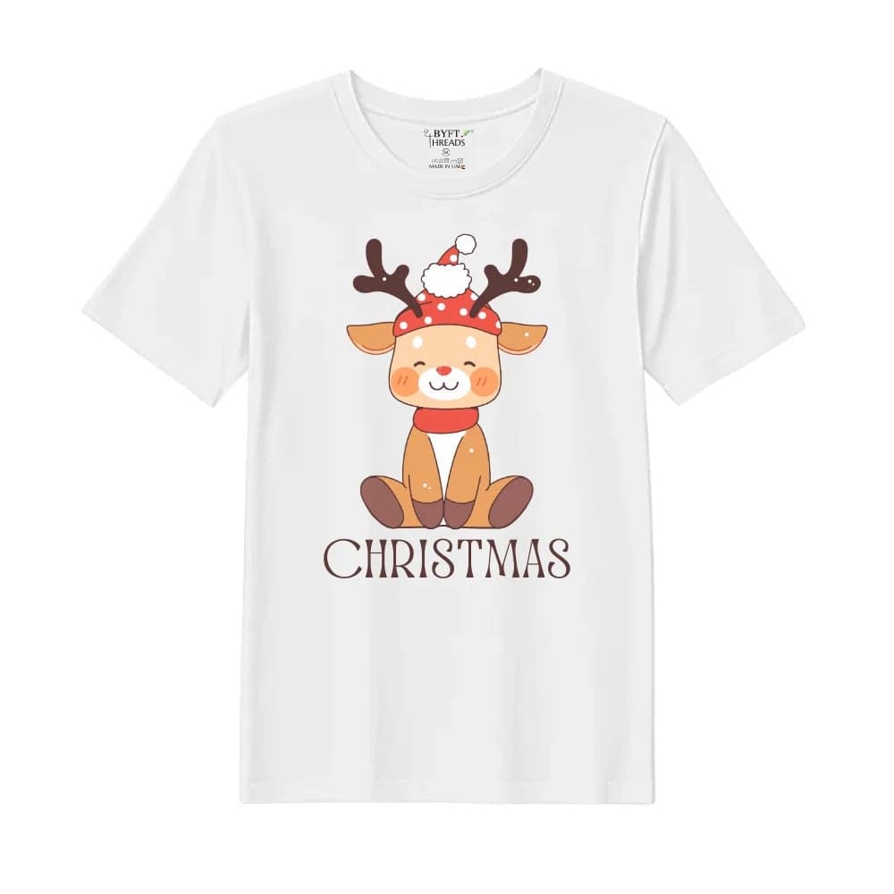 BYFT Threads XXL White Polycotton T-Shirt - Christmas "Christmas Deer" Printed Design, Premium Holiday Collection
