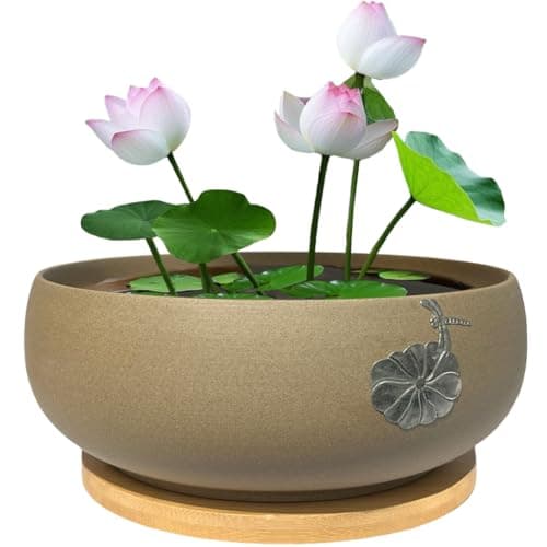 MUZHI Round Ceramic Hydroponic Bowl Lotus Planter Pot with Bamboo Tray, Classic Pottery Water Lily Bowl Planter Container Inlaid Dragonfly and Lotus Leaf Decor 7.3"