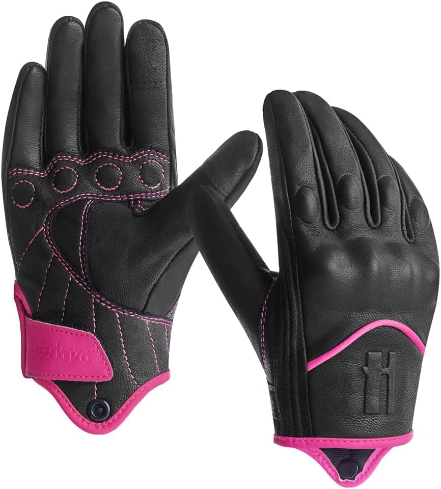 Harssidanzar Women's Leather Motorcycle Gloves with Touchscreen Function - Pink/Black