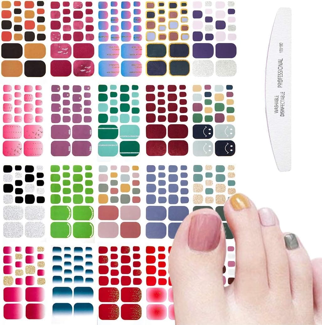 WOKOTO 20 Sheets Solid Toe Nail Polish Strips Stickers and 1 Nail File Manicure Kit 22 Tips Per Sheet Gradient Toenail Polish Wraps Decals for Women Girls Nail Art