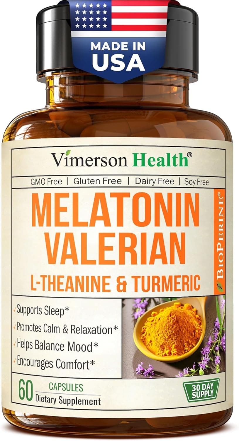 Melatonin Sleep Aid with L Theanine Valerian Root Turmeric Supplement Turmeric Curcumin with Ginger Black Pepper LTheanine Melatonin 3mg for Sleep Calm and Stress Relief 60 Capsules