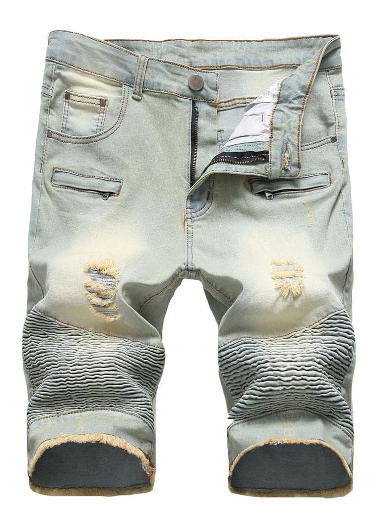 Lavnis Men's Casual Denim Shorts Classic Fit Ripped Jeans Biker Shorts Blue 3 30